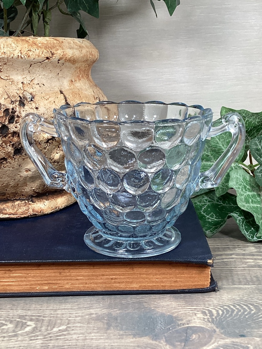 Vintage Anchor Hocking Blue Bubble Glass Open Sugar Bowl